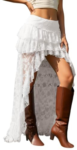 Générique Jupe Longue bohème asymétrique en Dentelle Florale à Volants Style Y2K Style Y2K Fluide et Transparente à Plusieurs Couches