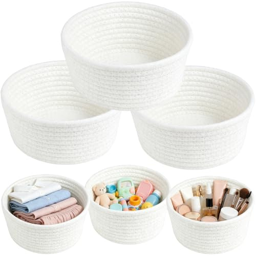 CUNQIN 3 Stück gewebte Aufbewahrungskörbe zur Organisation, leere Geschenkkörbe aus Baumwollseil, großer weißer gewebter Schrankorganizer 24 x 24 x 10 cm, runde Regalkörbe Regalspielzeugkorb Seilkörbe
