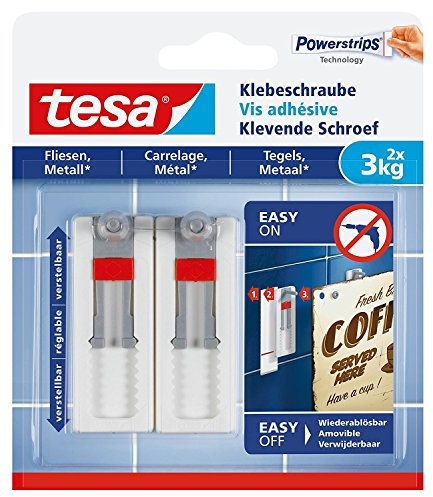 tesa® Verstellbare Klebeschraube für Fliesen und Metall, spurlos wiederablösbar, Haltekraft bis zu 3kg | 3er Set: enthält 6 Schrauben