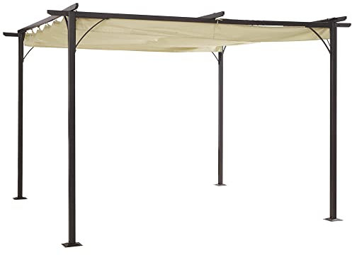 Outsunny 3.5M X 3.5M Metal Pergola Gazebo Awning Retractable Canopy Outdoor Garden Sun Shade Shelter Marquee Party BBQ, Beige