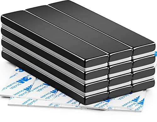 FINDMAG 12 Pack Strong Magnet, 60 x 10 x 3 mm Black Magnets Bar, Magnetic Strips, Magnets with Double-Sided Adhesive, Magnetic Bar, Permanent Powerful Fridge bar for Whiteboard, Tools, Kitchen, DIY