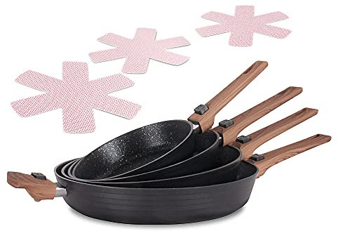 Durandal Designpfanne Légende 4er Set + 3X Pfannenschoner Filz - 4X Bratpfanne mit abnehmbarem Griff 20, 24, 28, 32 cm – Servierpfanne antihaftbeschichtet (4er Set + Pfannenuntersetzer)