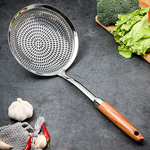 Cuillère écumoire,louche passoire pour cuisine,cuillère avec long manche en bois pour la cuisine, l'égouttement, la friture, acier inoxydable 304, 16 cm.