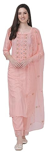 TRENDMALLS Women's Cotton Embroidery Kurta Pant Suit Set (USTM.G103-LightPink-L)