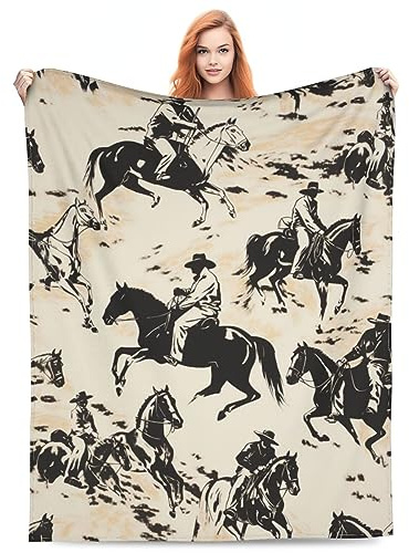 Black and White Western Throw Blankets Soft Cozy Flannel Western Cowboy Riding Horse Throw Blanket Catus Throw Blankets for Couch Bed Dorm 80x60