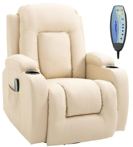 HOMCOM Relaxsessel mit Massagefunktion Elektrisch Fernsehsessel mit Liegefunktion, Wärmfunktion, Drehbar Massagesessel mit Wippfunktion, Fernbedienung, Kunstleder, Cremeweiß