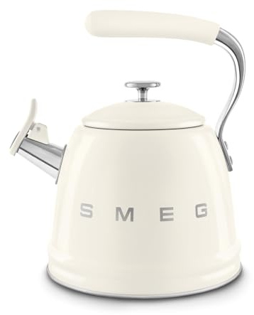 SMEG Stovetop Whistling Kettle – 50s Retro Style, 2.3 Liter (10 Cup / 2.4 Quart) Stainless Steel Tea Kettle with Iconic Design & Whistle – Premium Kitchen Statement Piece-Cream