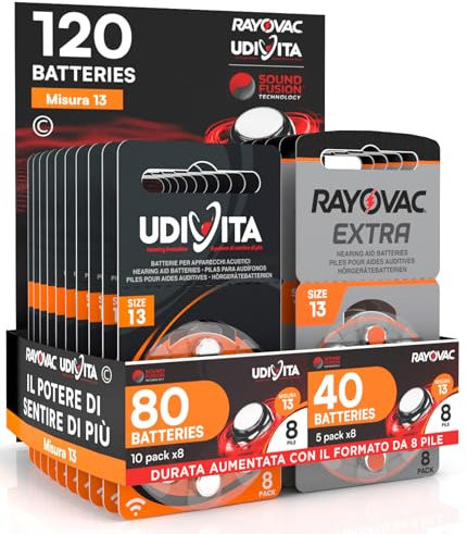 120 Pile per Apparecchi Acustici Misura 13 PR48 (Arancioni - Zinco Aria) con Sound Fusion Technology - 120 Batterie: 80 Udivita + 40 Rayovac