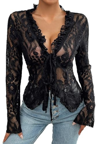Lingerie Sexy Coquine Ouverte Grande Taille Haut Court en Dentelle pour Femmes, Manches Longues, noué sur Le Devant, Couleur Unie, Slim Fit, t-Shirt Lingerie Ensemble Soutien Gorge Grande (Black, XL)
