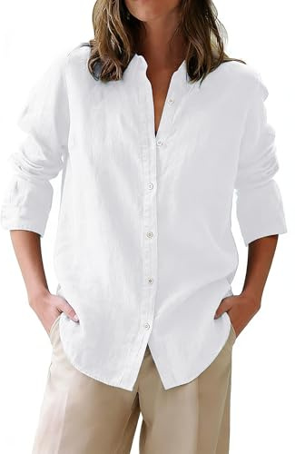 siliteelon Button Down Shirts for Women Oxford Shirt Cotton Dress Shirts Collared Long Sleeve Wrinkle Free Blouse Tops-White L