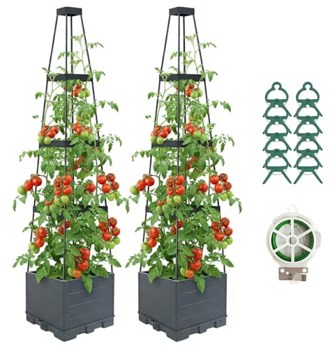 Lazzmonk 2 Stück Hochbeet Pflanzkasten mit Rankgitter, 147,7 cm Tomatenkäfig Pflanzgefäß Hochbeet mit Rankgitter für Kletterpflanzen, Gemüse, Tomatenkäfig mit Selbstbewässerung für drinnen und draußen