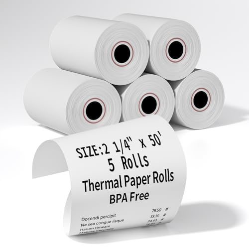 (5 Rolls) 2 1/4 x 50' Thermal Receipt Paper Rolls, BPA Free, Cash Register POS Thermal Paper Rolls, Credit Card Paper Rolls Thermal 2 1/4 in x 50 ft.