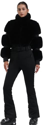 GSOU SNOW Women Ski Suit One Piece Snowsuit Snowboard Faux Fur Collar Slim Jumpsuit Jacket Insulated Windproof Outdoor Winter Black M