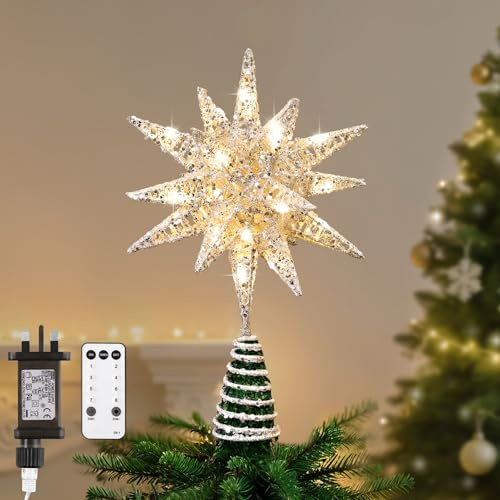 Lewondr Christmas Tree Topper, Plug in 3D Starburst Xmas Lighted Star Tree Topper, Remote Control & Timer Light Up Vintage Moravian Tree Topper for Christmas Decoraiton, Warm Light, Silver White