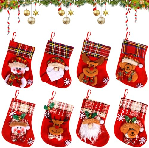 BUOAZR Calcetines Navidad Chimenea 8 Piezas, Mini Medias de Navidad, Medias Navidad Bolsa de Regalo, Calcetines para Botas de Papá Noel, Decoración Navideña para Chimenea/Escaleras/Árbol de Navidad