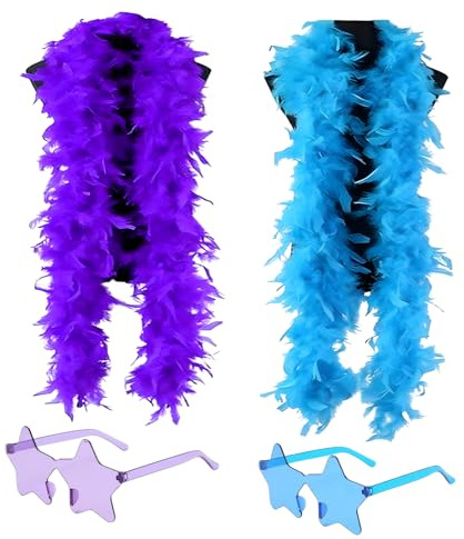 CBRPVT 2 Pcs Feather Boa Set, 2 Star Glasses, 2M Fluffy Feather Scarf for Dance Performances, Wedding Parties, Carnival Celebrations, Halloween Costumes, Christmas Decorations