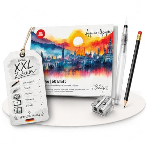 Belmique Aquarellpapier A6 Set inkl. XXL-Zubehör mit 60 Seiten I Aquarell Block mit rauer & glatter Oberfläche 300 g/m² – inkl. Brushpen, Bleistift, Videokurs & Zubehör
