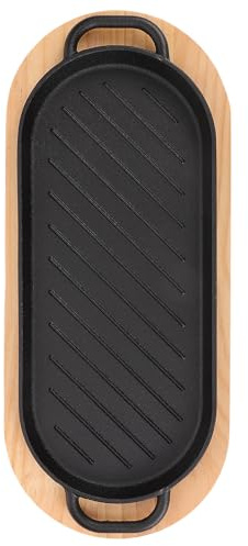 ELEOUTI Sartén para Bistec y Fácil de Transportar de Hierro Fundido con Doble Asa y Base de Madera, Plato para Carne con Bordes Lisos para Uso Diario y Fines de Semana