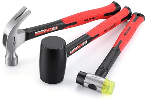MAXPOWER 3-Piece Hammer Set – 16 oz Rubber Hammer, 35 mm Double-Face Soft Mallet, 20 oz Claw Hammer, Versatile Striking Tools for Woodworking, Carpentry & DIY