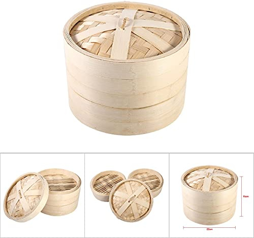 RASTKY Cestello per Cottura a Vapore in bambù a 2 Livelli, Fornello Cinese per Riso Naturale, Vaporiera per Alimenti, Dim Sum, Sana per la Domestica (22 cm)