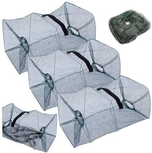 Crawfish Trap, 3 Pcs Fish Traps 8x8x21 In Nylon Foldable Portable Minnow Trap with 2 Entry Holes & Zipper Opening Outdoor Fishing Net for Crayfish Crab Lobster Shrimp