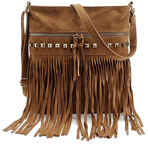 MEGAUK Umhängetasche mit Fransen Nieten Damen Schultertasche Fransentasche aus Kunstwildleder Braun