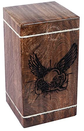 Hind Handicrafts Urne funéraire en bois dur pour cendres humaines pour adulte – Urne funéraire en bois pour Columbarium – Urne funéraire (aile d'ange, cœur, rose, 637 cm cubes – MW)