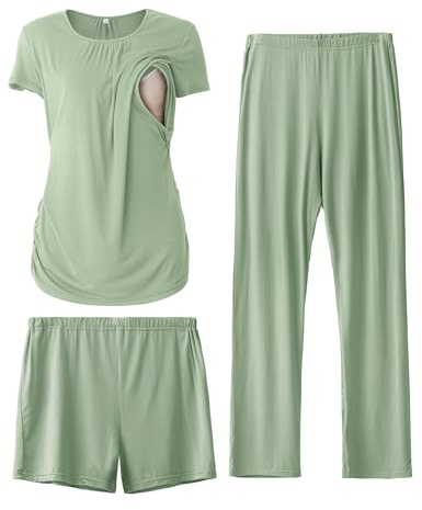 SUNNYBUY Ensemble de Pyjama d'allaitement à Manches Courtes pour Femme, Short et Pantalon de Grossesse, vêtements de maternité 3 pièces, Vert grisâtre, XL