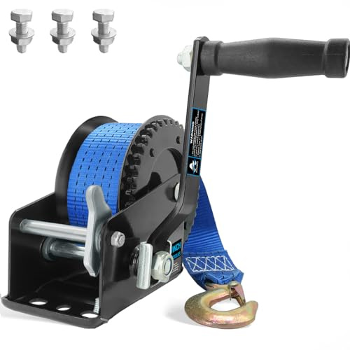 AKRIXKIP Argano manuale per rimorchio per barca, 725,7 kg, con cinghia blu da 7,9 m, verricello portatile 4:1 con gancio, argano manuale a cricchetto a 2 vie, per moto d'acqua, puleggia di traino,