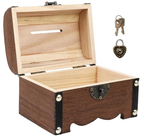SEWACC Jewelry Organizer Wooden Treasure Chest Vintage Coin Box with Lock Treasure Chest Storage Box Retro Piggy Bank Saving Box Case Decorative Jewelry Box for Home Decorative Boxes