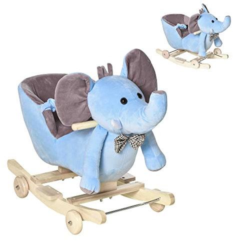HOMCOM Caballito Balancín con Ruedas Forma de Elefante Caballo Balancín para Bebés de +18 Meses con Músicas Infantiles y Cinturón de Seguridad Carga 60 kg 60x35x45 cm Azul