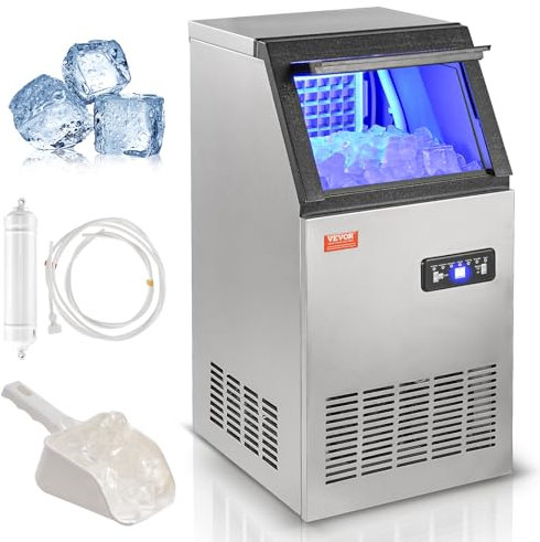 VEVOR Machine à Glaçons Commerciale 38 kg/24 h Appareil de Préparation de Glaçons 40 Bacs à Glaçons Capacité de Stockage 12,5 kg Nettoyage Auto sans Installation Autoportant pour Maison Restaurant Bar