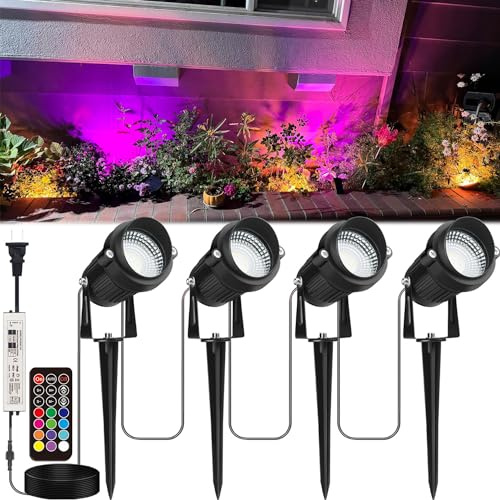 YEMKJFC Landscape Lighting, 24W RGB Spot Lights Outdoor for Yard with Transformer & Remote 12 Colors and 19 Modes Outdoor Lights for House Lawn Tree Flag Garden Driveway Backyard Fence Plant, 4 Pack