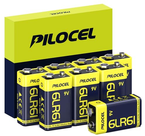 PILOCEL 9V Batteries 8 Pack on Clearance, Alkaline 9 Volt Battery, Long-Lasting Square 9V Batteries, 10-Year Shelf Life 6LR61 for Smoke Detector, Electric Guitar, Monitor, Radio