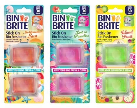 Bin Brite Stick On Bin Freshener, Pack of 3 Assorted Bin Deodoriser Scents - Mediterranean Sun, Lost in Paradise, Island Fruit -Bin Freshener and Odour Eliminator Bundled by Great British Home