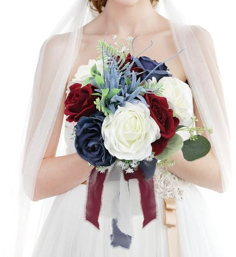 HOMENERGY Wedding Bouquets for Bride - Artificial Bridal Bouquets Pre-Made Roses Flower Bouquets for Vintage Wedding or Centerpieces Decoration - Navy Blue & Burgundy