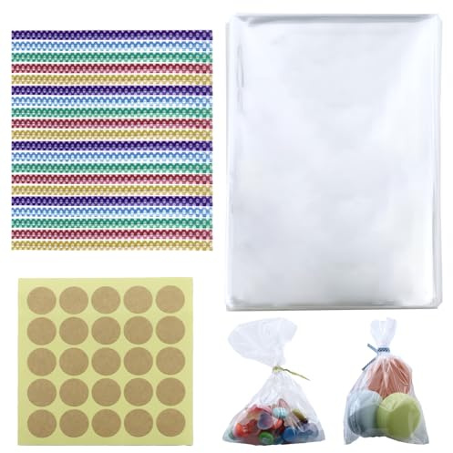200 sacchetti di cellophane trasparenti da 10 x 15 cm, sacchetti cellophane, piccoli sacchetti di plastica per caramelle, con 200 rilegatura a torsione, con 8 adesivi di chiusura in carta kraft