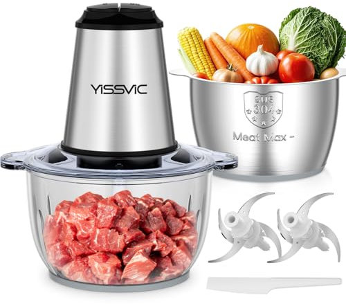 YISSVIC Picadora de cocina eléctrica de 2 l, doble cuenco (cristal y acero inoxidable), 500 W, picadora eléctrica, batidora multifunción con 2 x 4 cuchillas, para frutas, verduras, carnes y especias,