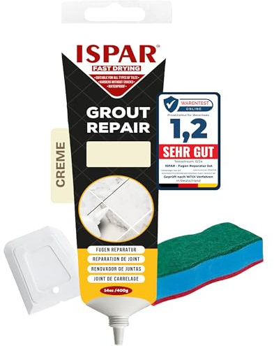 ISPAR Crema para lechada de 400 g, masilla para juntas de azulejos, con espátula y esponja de limpieza, para baño, cocina y reparación de juntas, inodora y apta para el día a día