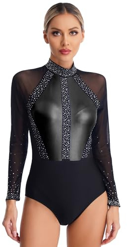 Sxiwei Kvinnors Mock Neck Danskostym Glitter Bodysuit Gymnastik Leotard Modern Balett Danskläder