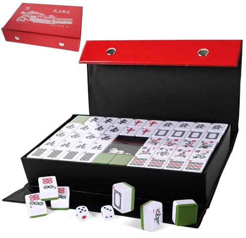 Goumthe Chinese Majong Set, 144pcs Mahjong Game Set Quality Mah Jong Tiles with Exquisite Storage Box Easy to Carry, Instructions Include Mah Jongg Sets for Travel Party Family Game 麻将(30x22.5x17mm)