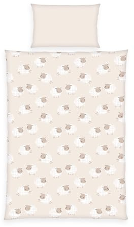 Herding babybest Flanell-Bettwäsche Schäfchen, 1 Kisssenbezug 40x60 cm, 1Deckenbezug 100x135 cm 100% Flanell/Baumwolle, Beige
