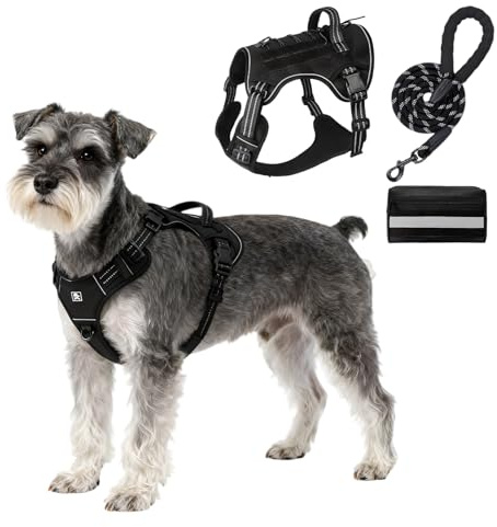 Hundegeschirr mit Leine&Taktisches Paket für Große Mittelgroße Hunde, Weich Gepolsterter Brustgeschirr, Hundegeschirr mit Griff, Anti Zug Hunde Geschirr für Spaziergänge Training (Schwarz, M)