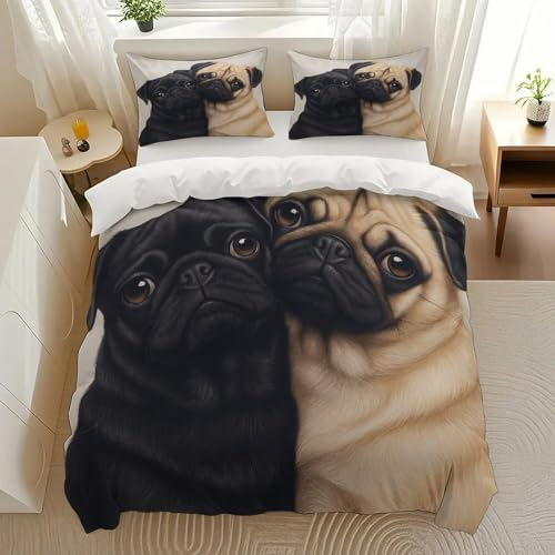 ERVGORN Pug Duo Love Bedding Comforter Sets Bedding Set 3 Pieces (1 Duvet Cover 2 Pillowcases) with Zipper Closure Lightweight