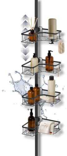 Homellence Étagère de Douche Télescopique, Étagère Baignoire Sans Perçage | Étagère Télescopique Douche, Tige Télescopique Salle De Bain, Organisateur Douche, Réglable en Hauteur, Noir, 108-312cm