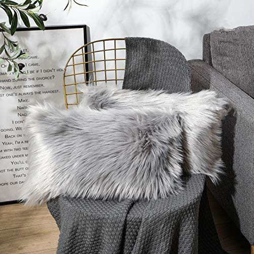 OYIMUA Soft Faux Fur Cushion Covers 30x50cm Grey Set of 2 | Fluffy Pillow Covers 12x20 for Living Rooms Bedrooms Offices,Sofa Bed Cushions,Decorative Pillows for Bed,Room Decor