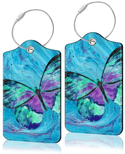 2 Pack Luggage Tag for Suitacase, Cute Unique Leather Suitcase Tags Identifiers with Privacy Name Address Labels & Durable Steel Loop for Women Men Travel - Butterfly