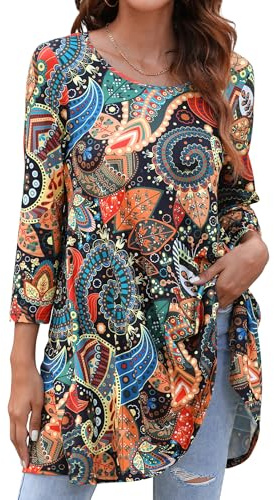 Enmain Tunique Femme à Manches Longue Tuniques Femmes Grande Taille Chic Elegant Blouse Floral T-Shirt à col Rond Loose Automne Hiver Marron 2XL