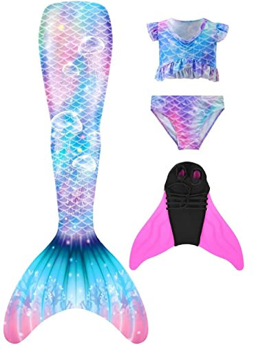 DNFUN Mädchen Meerjungfrauenflosse mit Bikini zum Schwimmen-Mermaid Tail Badeanzug Kinder meerjungfrau Flosse