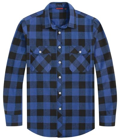 J.VER Checked Shirt Mens Blue Long Sleeve Cotton Flannel Lumberjack Shirt Regular Fit Button Down Casual Tartan Shirts 4XL